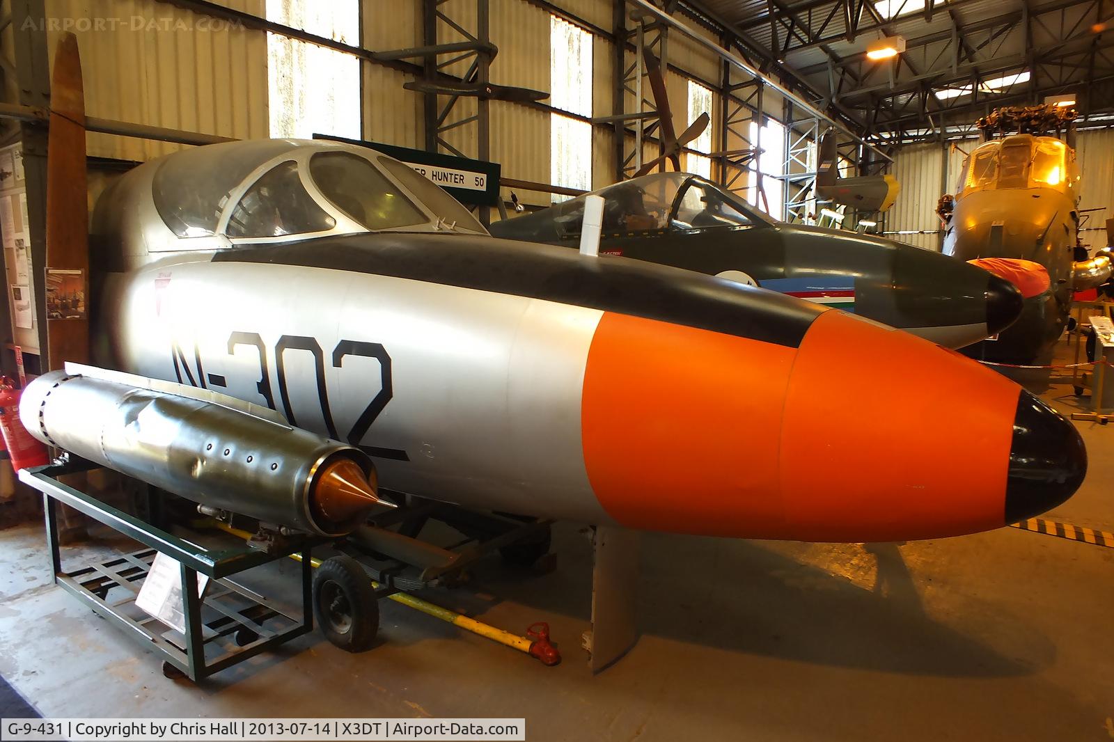 G-9-431, 1958 Hawker Hunter T.7 C/N HABL003318, painted in its original Royal Netherlands Air Force scheme and wearing the code N-302, preserved at the South Yorkshire Aircraft Museum, AeroVenture, Doncaster