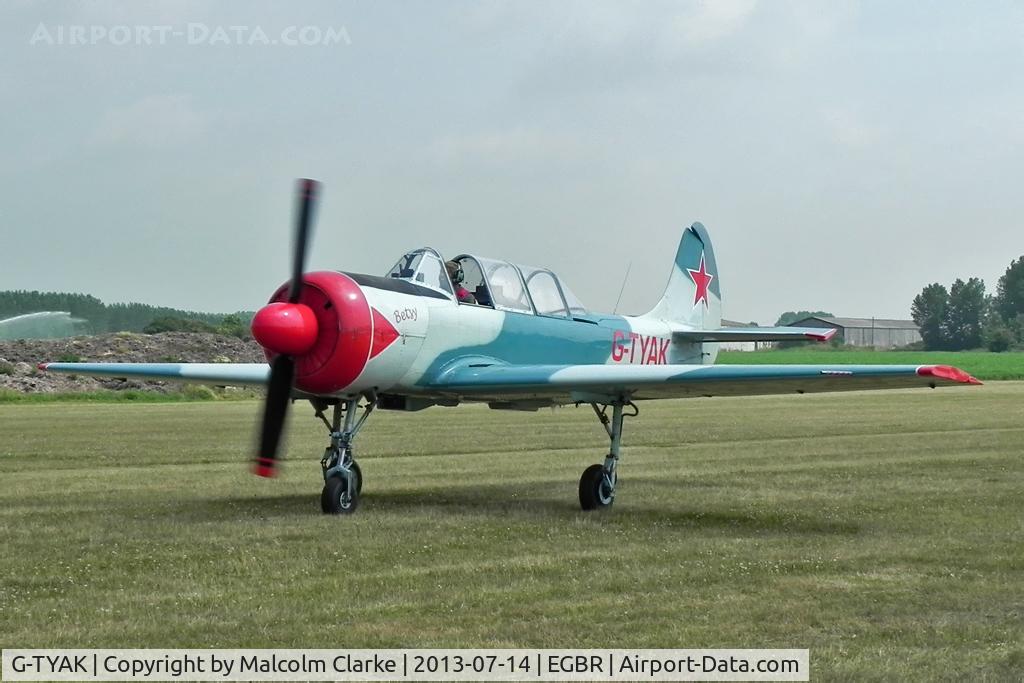 G-TYAK, 1989 Bacau Yak-52 C/N 899907, Bacau Yak-52 at The Real Aeroplane Company's Wings & Wheels Fly-In, Breighton Airfield, July 2013.
