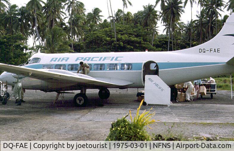 DQ-FAE, 1957 De Havilland DH-114 Heron 2D C/N 14122, Air Pacific's Heron on the apron in Savusavu airport, Vanua Levu, Fiji Islands