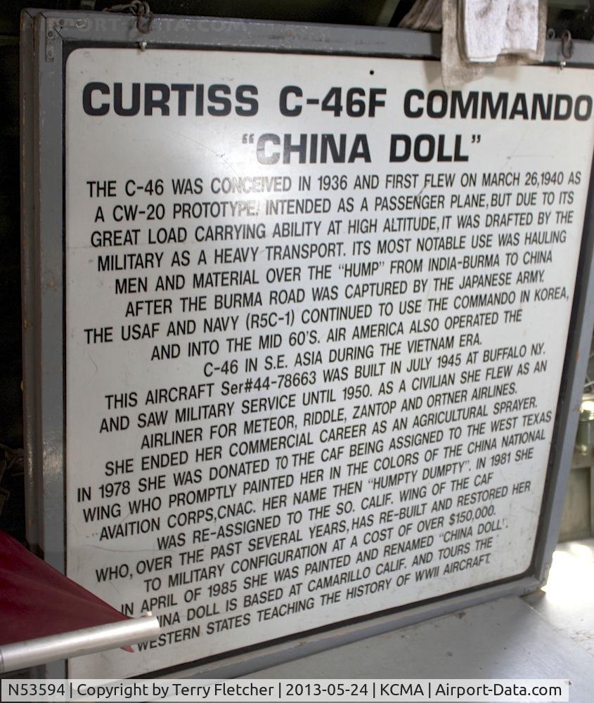 N53594, 1944 Curtiss C-46F Commando C/N 22486, Opportunity for close-up photos of a Curtiss C-46F Commando at Commemorative Air Force Museum at Camarillo , Southern California