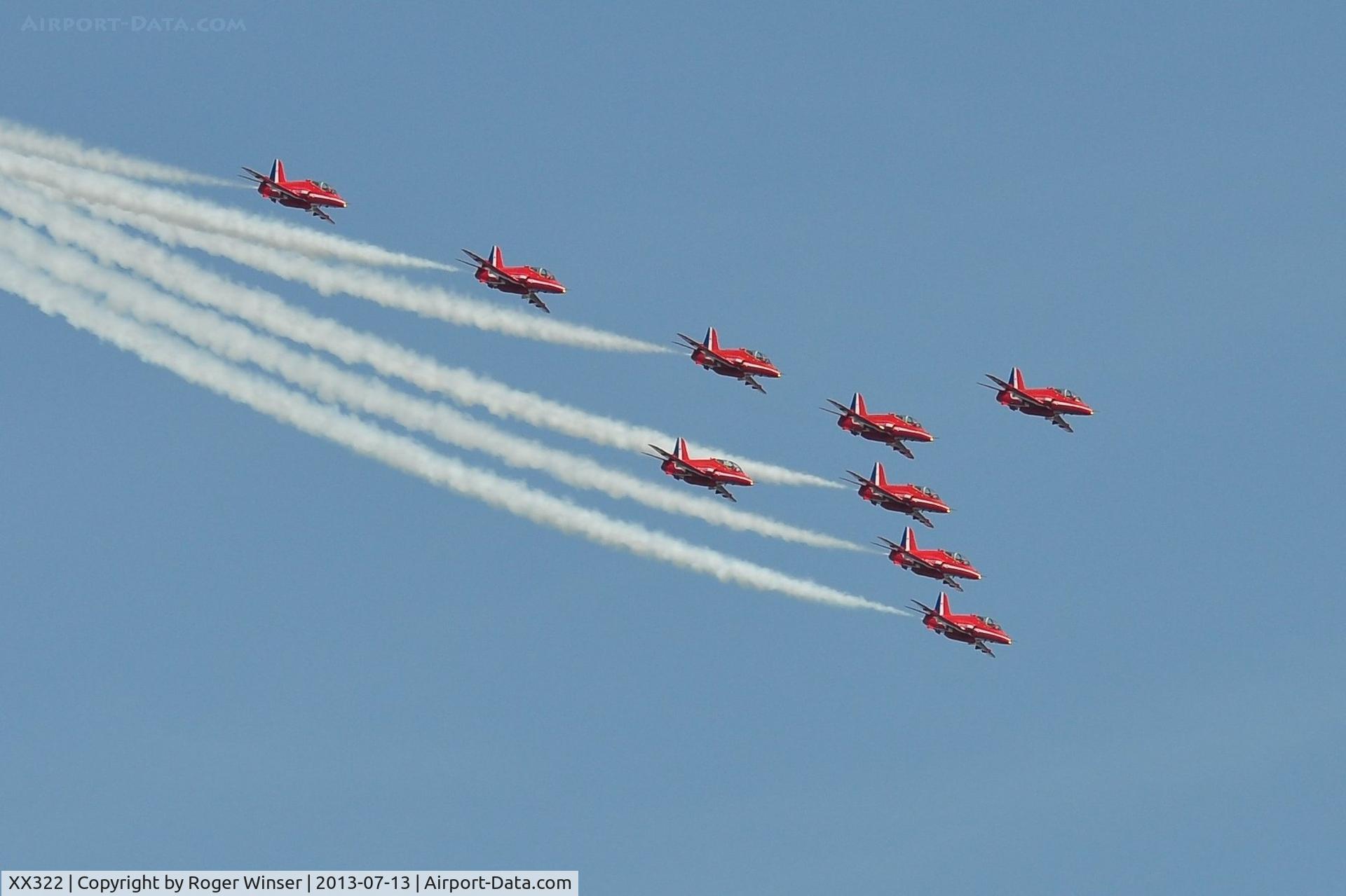 XX322, 1980 Hawker Siddeley Hawk T.1A C/N 165/312147, Off airport. Leading the RAF Red Arrows on the first day af the Wales National Air Show, Swansea Bay, UK.