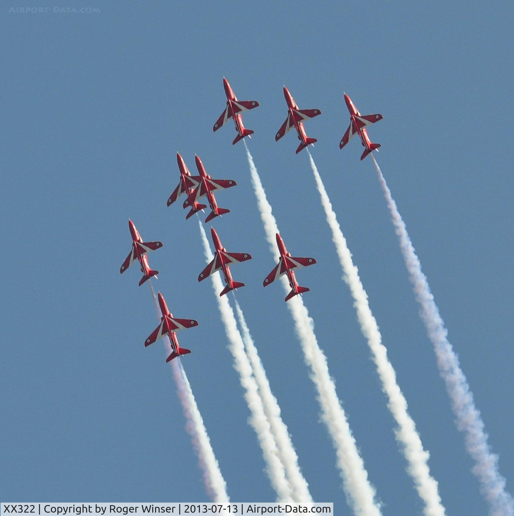 XX322, 1980 Hawker Siddeley Hawk T.1A C/N 165/312147, Off airport. Leading the RAF Red Arrows on the first day of the Wales National Air Show, Swansea Bay, UK.