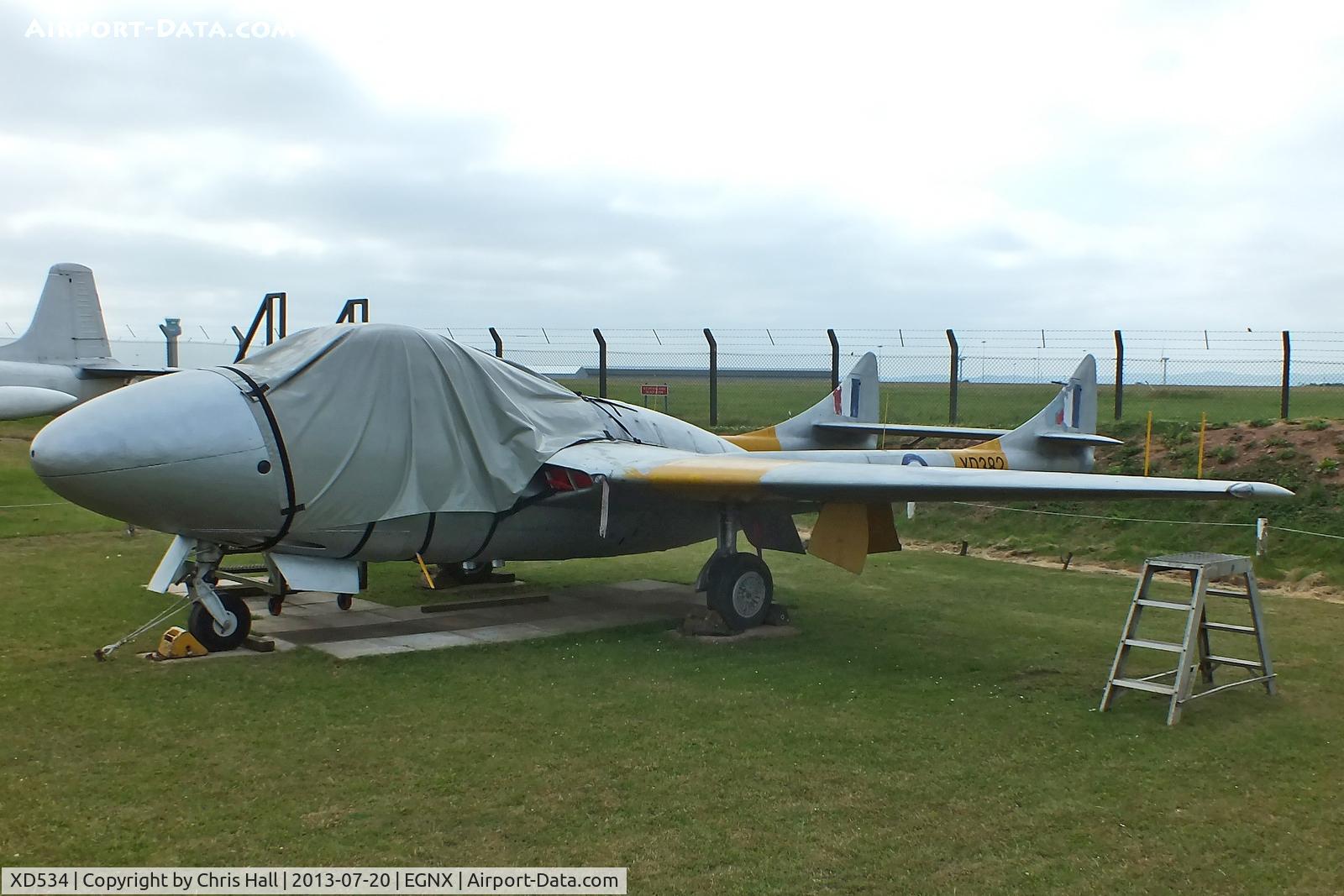 XD534, 1954 De Havilland Vampire T11 C/N 15279, composite made from the fuselage of XD534 with booms and wings from XD382, Preserved at the East Midlands Aeropark