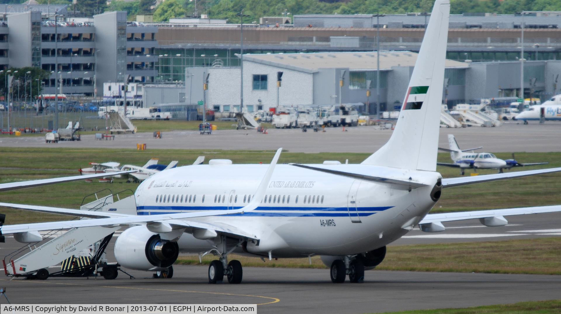 A6-MRS, 2006 Boeing 737-8E0 BBJ2 C/N 35238, Parked alongside sister ship A6-MRM during a short visit to Edinburgh