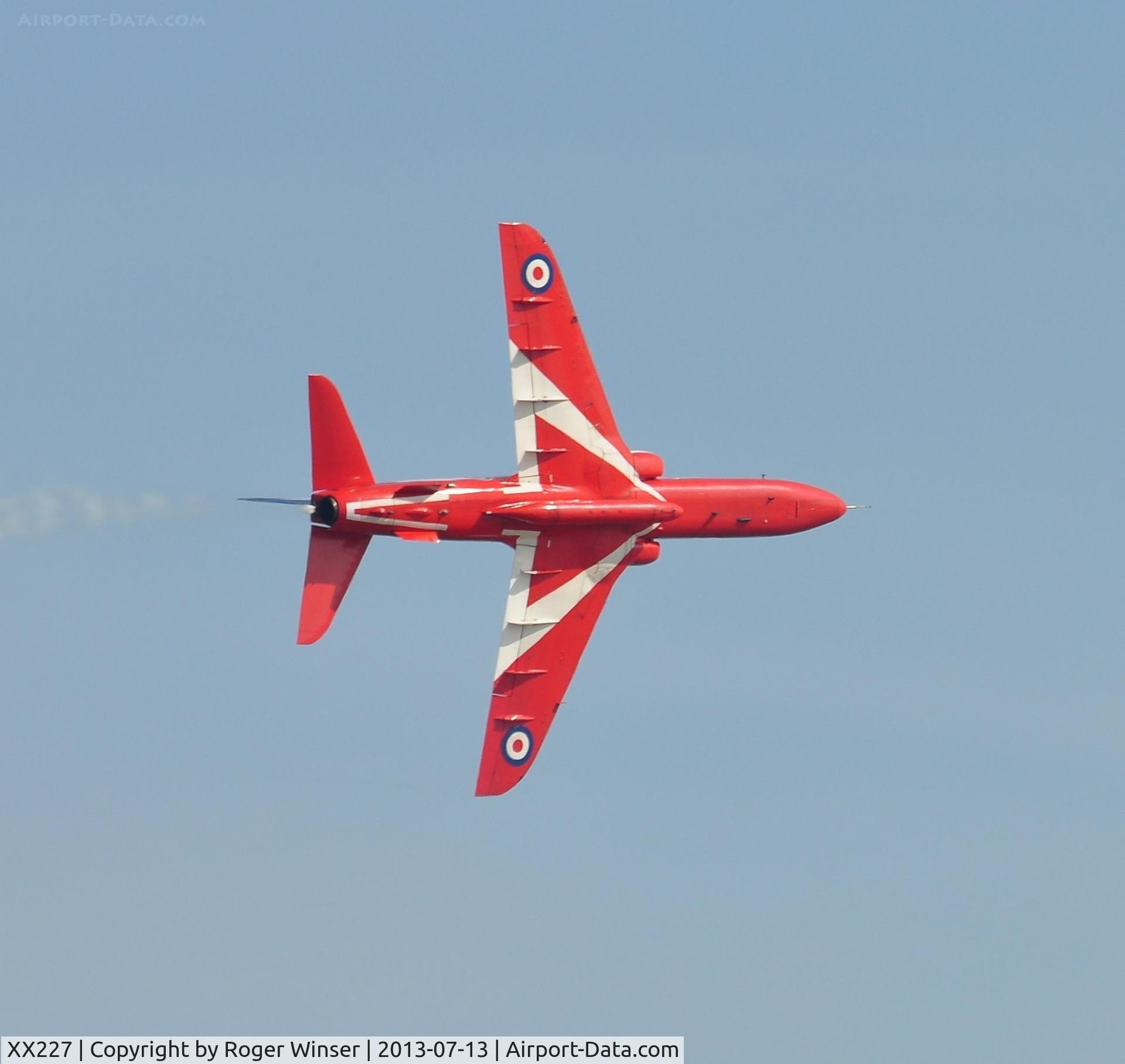 XX227, 1978 Hawker Siddeley Hawk T.1A C/N 063/312063, Off airport. RAF Red Arrows displaying on the first day of the Wales National Air Show, Swansea Bay, UK.