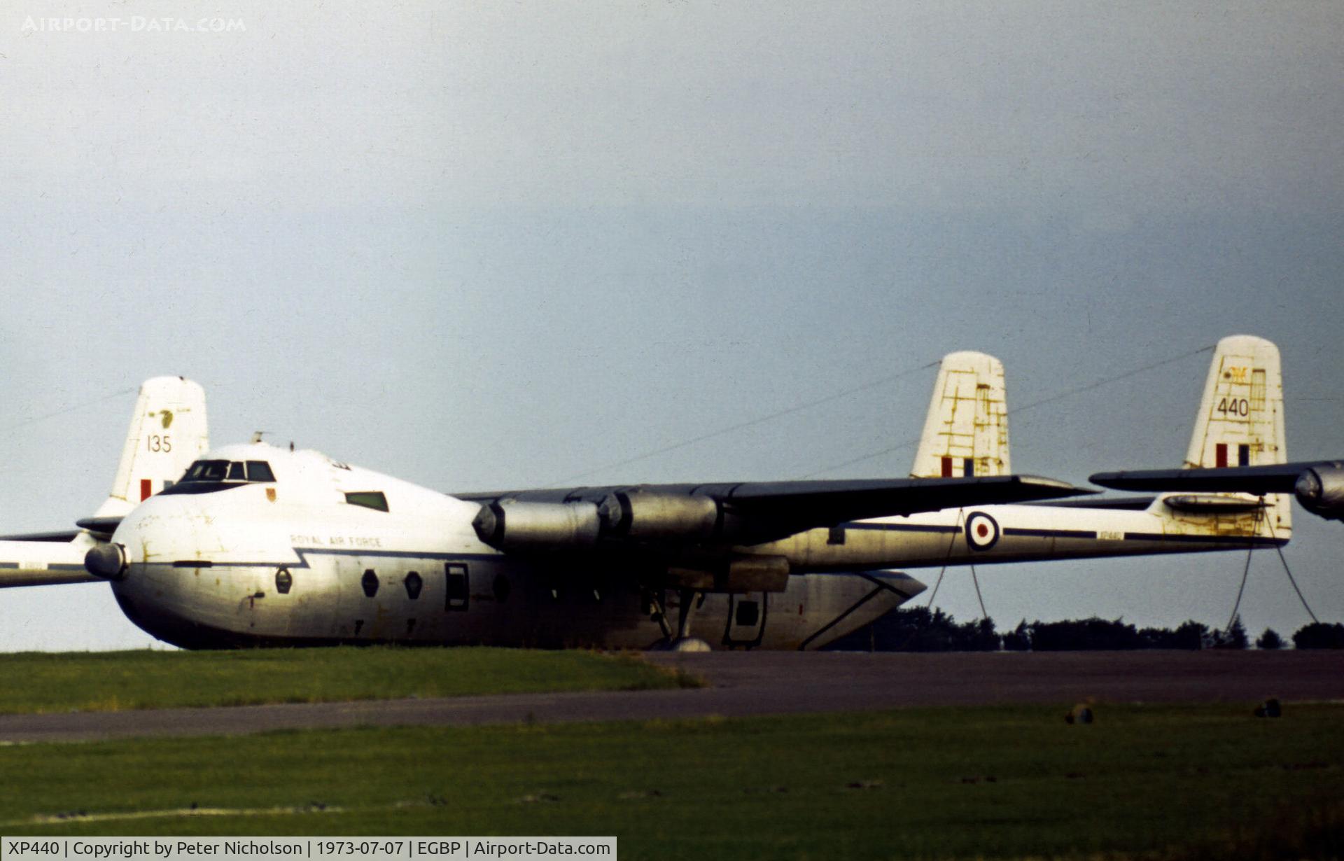 XP440, 1962 Armstrong Whitworth AW-660 Argosy C.1 C/N 6772, Argosy C.1 retired from active service awaiting disposal at 5 Maintenance Unit at RAF Kemble in the Summer of 1973.