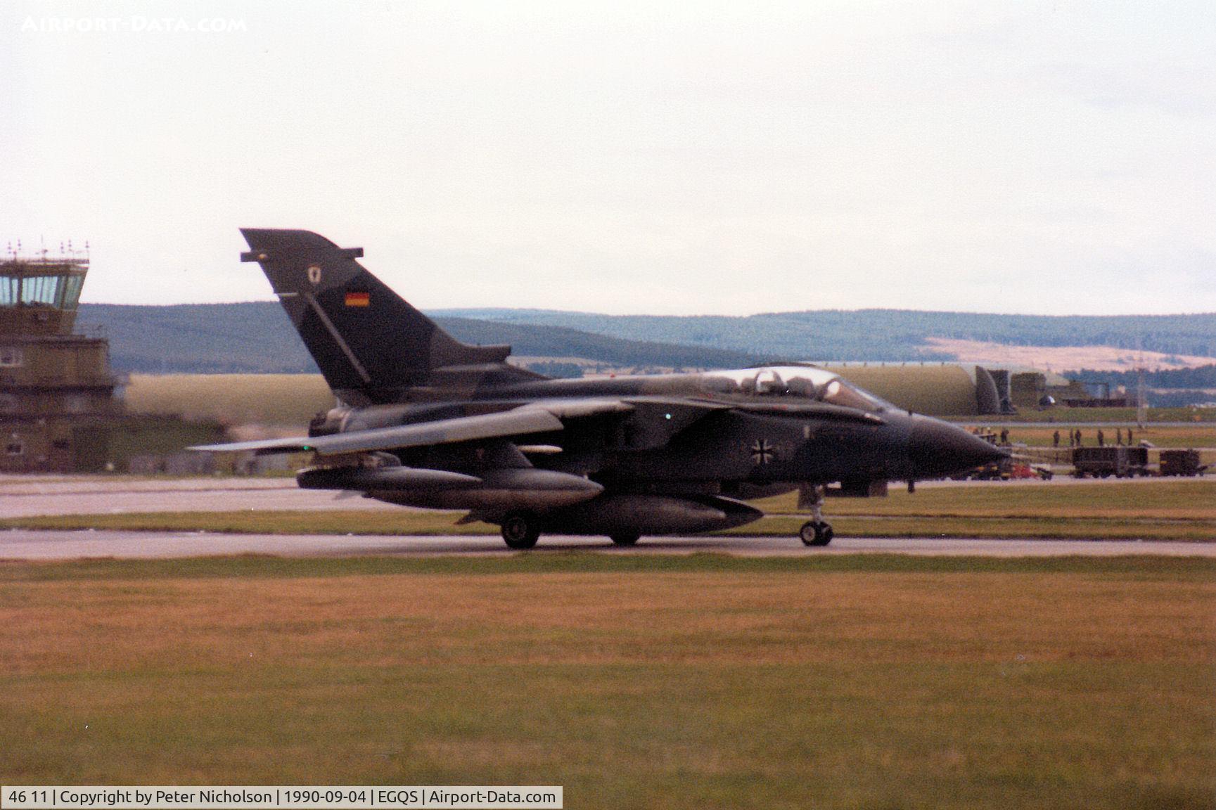 46 11, Panavia Tornado IDS C/N 769/GS244/4311, Tornado IDS of Marineflieger MFG-1 preparing to join the active runway at RAF Lossiemouth in September 1990.