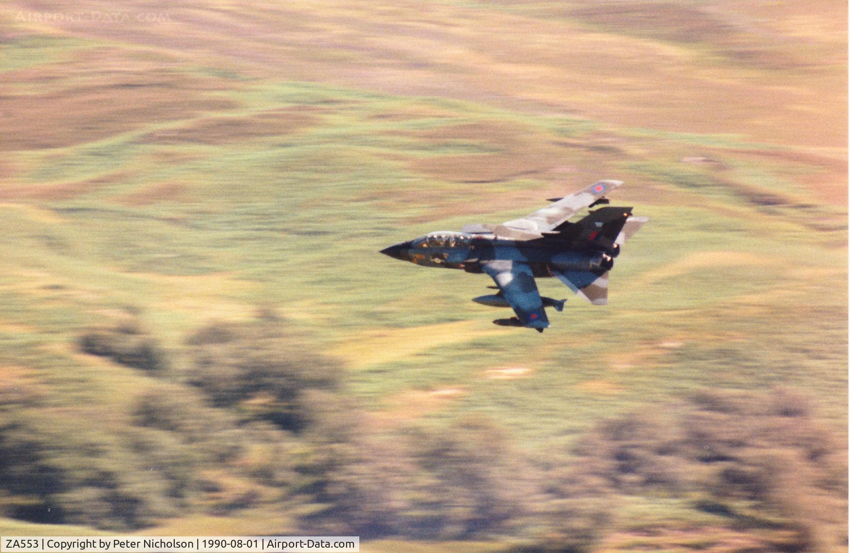 ZA553, 1981 Panavia Tornado GR.1 C/N 070/BS018/3037, Tornado GR.1 of 27 Squadron departing Otterburn Range on a Mallet Blow mission in August 1990.