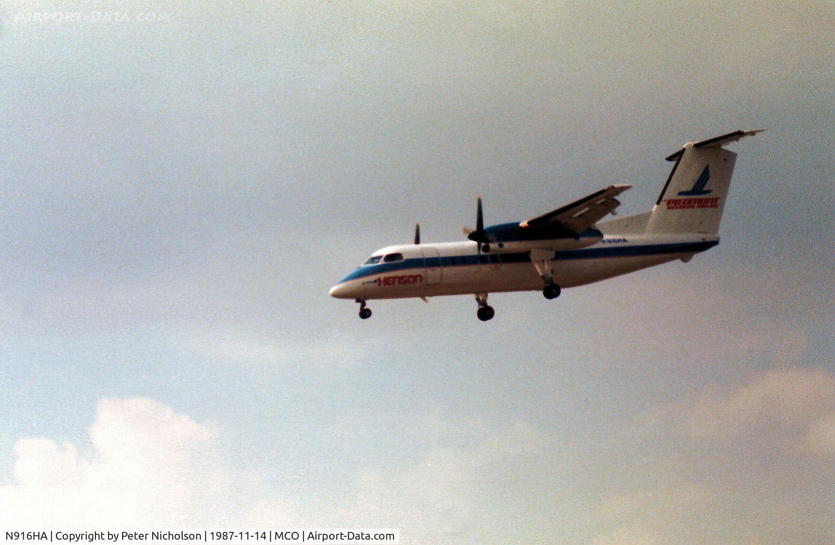 N916HA, 1987 De Havilland Canada DHC-8-102 Dash 8 C/N 072, DHC-8-102 of Henson Airlines on final approach to Orlando in November 1987.