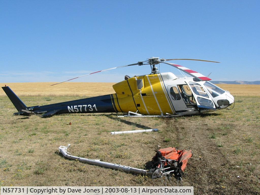 N57731, 1981 Aerospatiale AS-350D AStar C/N 1434, On 8/13/ 03 I was one of the two witnesses to the autorotation to a hard landing on the east edge of Lake Mann, two miles north northwest of Webb, Idaho. The pilot walked away slowly with help for about 100 ft. I retain all copy copyrights to this photo.