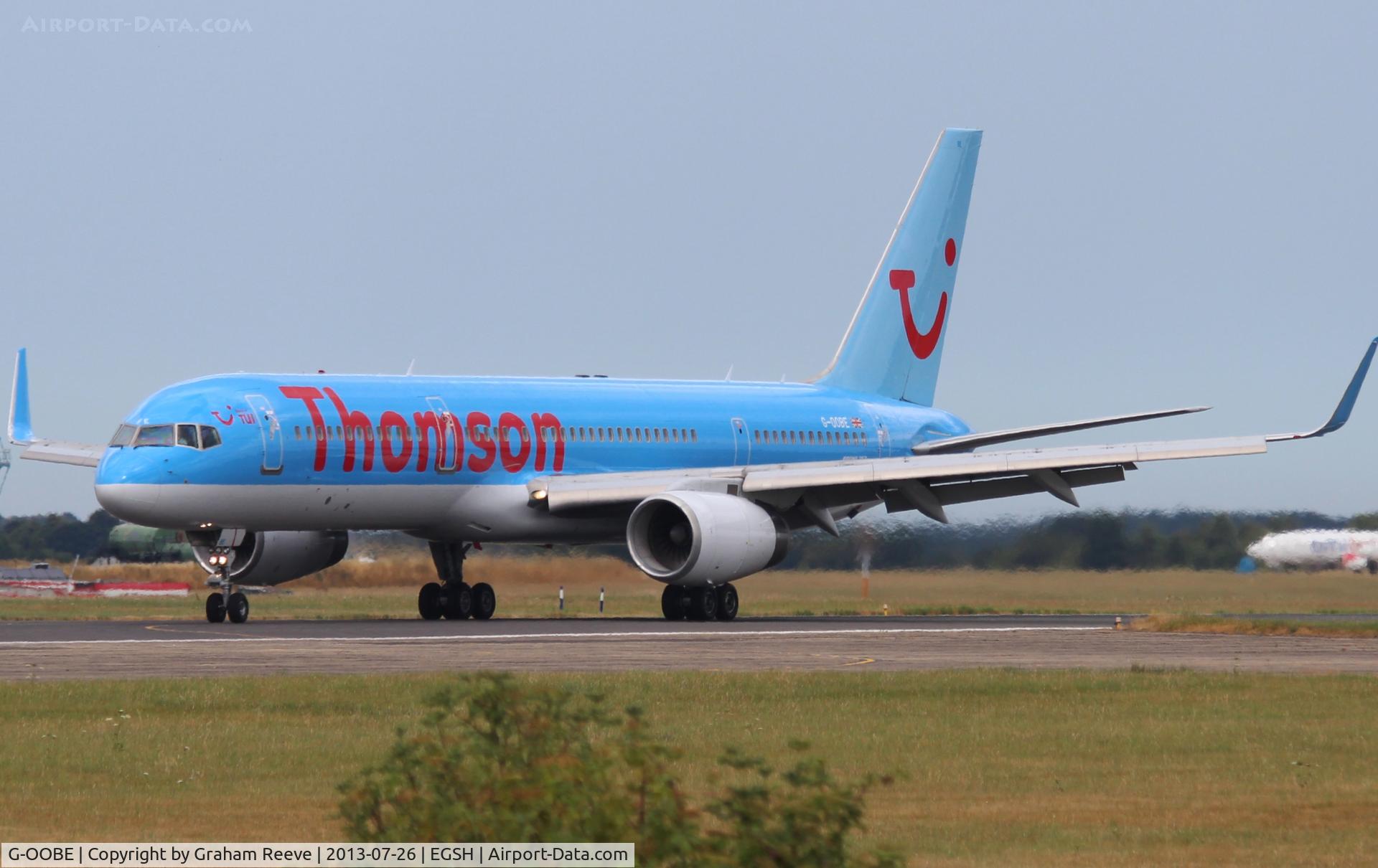 G-OOBE, 2003 Boeing 757-28A C/N 33100, Just landed at Norwich.