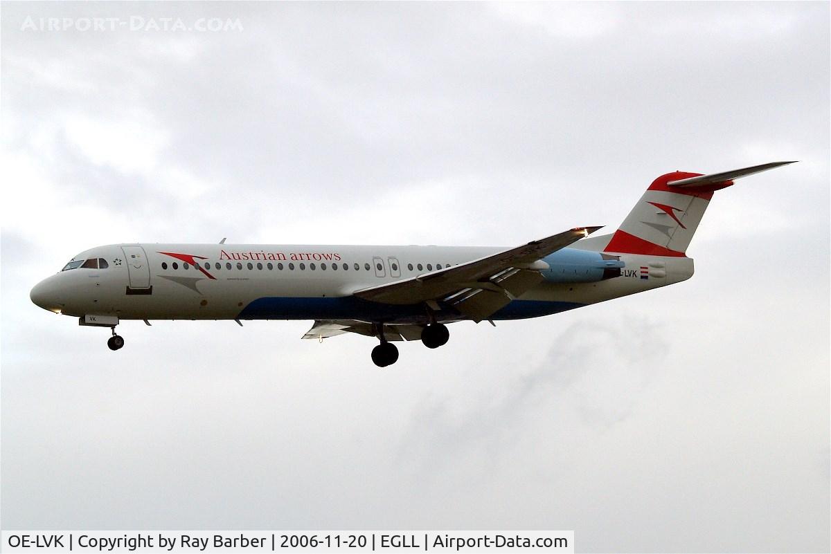 OE-LVK, 1992 Fokker 100 (F-28-0100) C/N 11397, Fokker F-100 [11397] (Austrian Arrows) Heathrow~G 20/11/2006. On finals 27L.