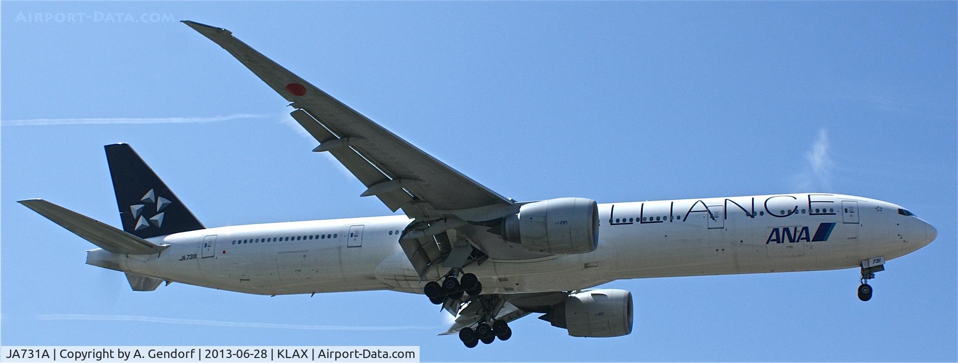JA731A, 2004 Boeing 777-381/ER C/N 28281, ANA (Star Alliance cs.), is landing on RWY 24R at Los Angeles Int´l(KLAX)
