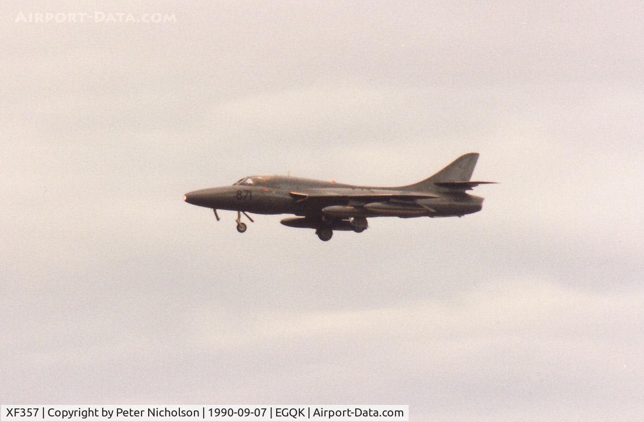 XF357, 1959 Hawker Hunter T.8C C/N 41H/695946, Hunter T.8C of RNAS Yeovilton's FRADU (Fleet Requirements & Direction Unit) on final approach to RAF Kinloss in September 1990.