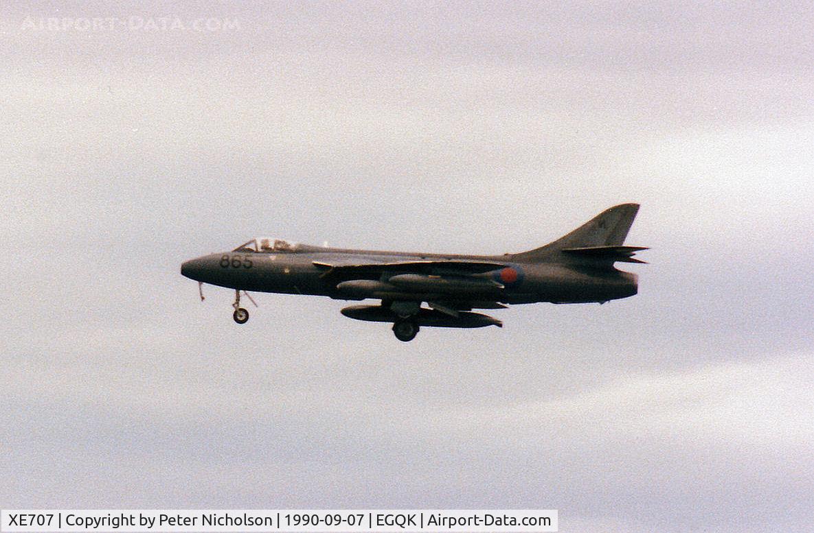 XE707, 1955 Hawker Hunter GA.11 C/N HABL-003037, Hunter GA.11 of the Fleet Requirements & Direction Unit (FRADU) based at RNAS Yeovilton on final approach to RAF Kinloss in September 1990.