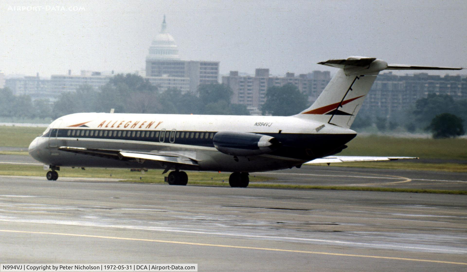 N994VJ, 1969 Douglas DC-9-31 C/N 47333, DC-9-31 of Allegheny Airlines preparing to depart from what was then known as National Airport in May 1972.