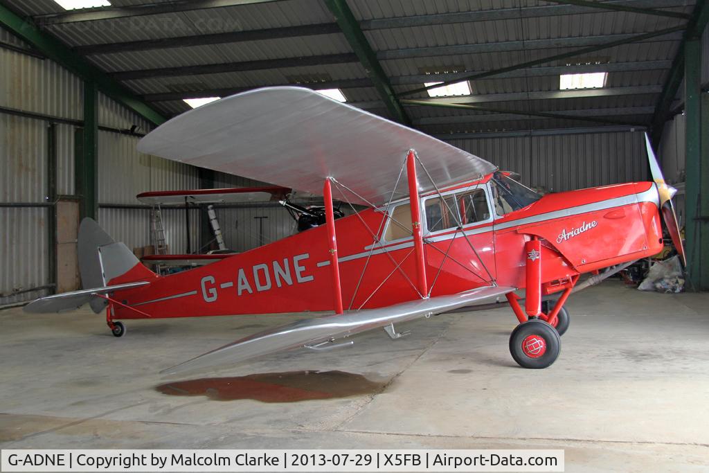 G-ADNE, 1936 De Havilland DH.87B Hornet Moth C/N 8089, De Havilland DH-87B Hornet Moth. Hangared overnight at Fishburn Airfield. July 2013.