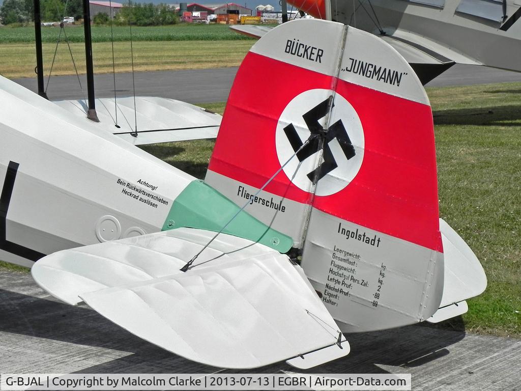 G-BJAL, 1957 Bucker 1-131E Jungmann C/N 1028, CASA 1-131E Jungmann at The Real Aeroplane Company's Bucker Fest, Breighton Airfield, July 13 2013.