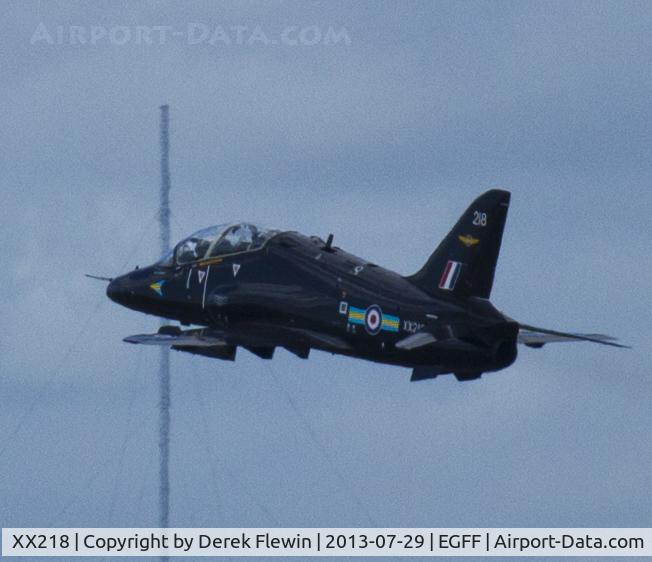 XX218, 1978 Hawker Siddeley Hawk T.1A C/N 054/312054, Hawk T.1A XX338's crew ferry, pulling out from runway 30 at EGFF en route to RAF Valley Anglesey.