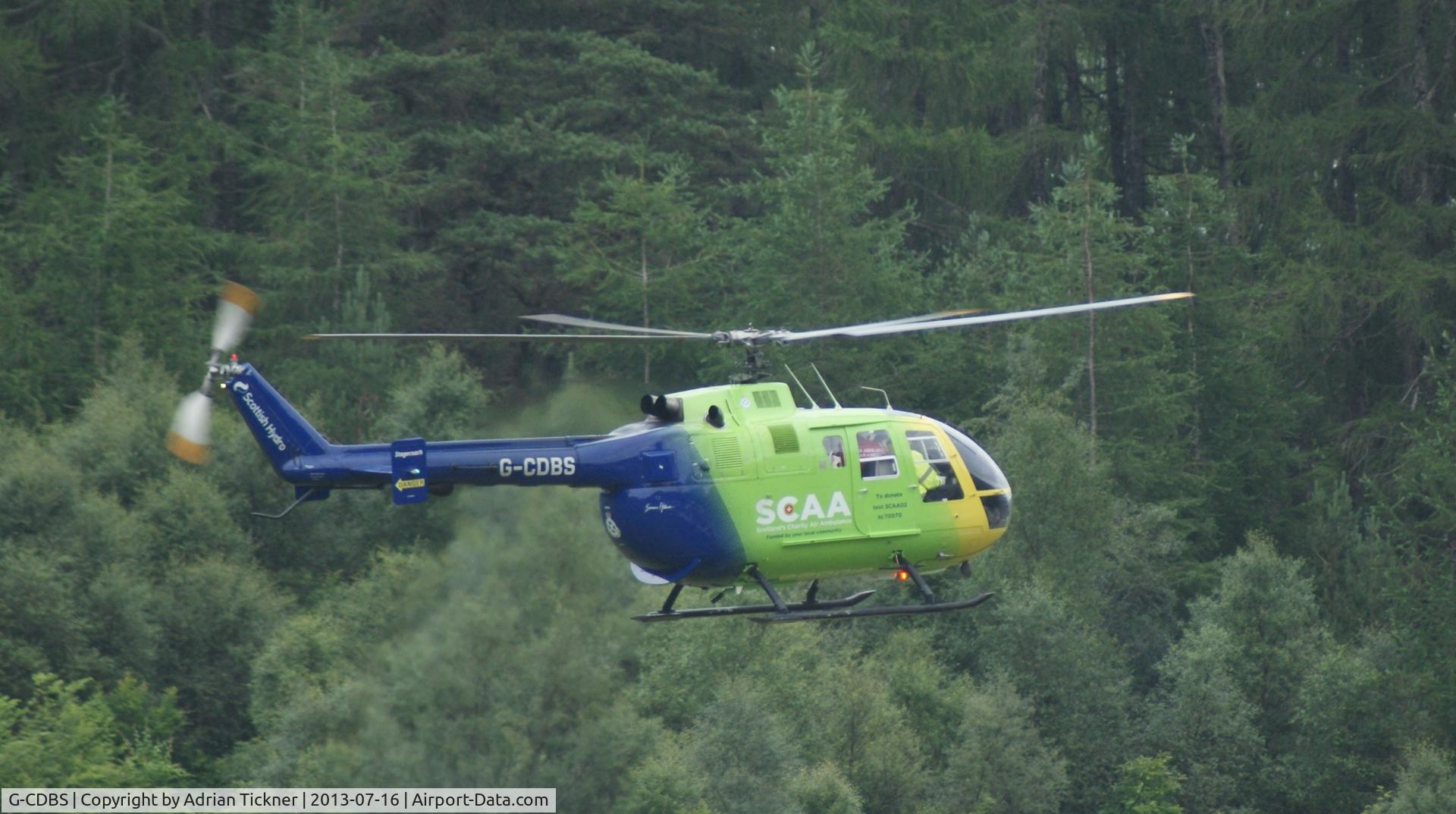 G-CDBS, 1985 MBB Bo.105DBS-4 C/N S.738, Landing at Tyndrum, Perthshire to collect a patient.