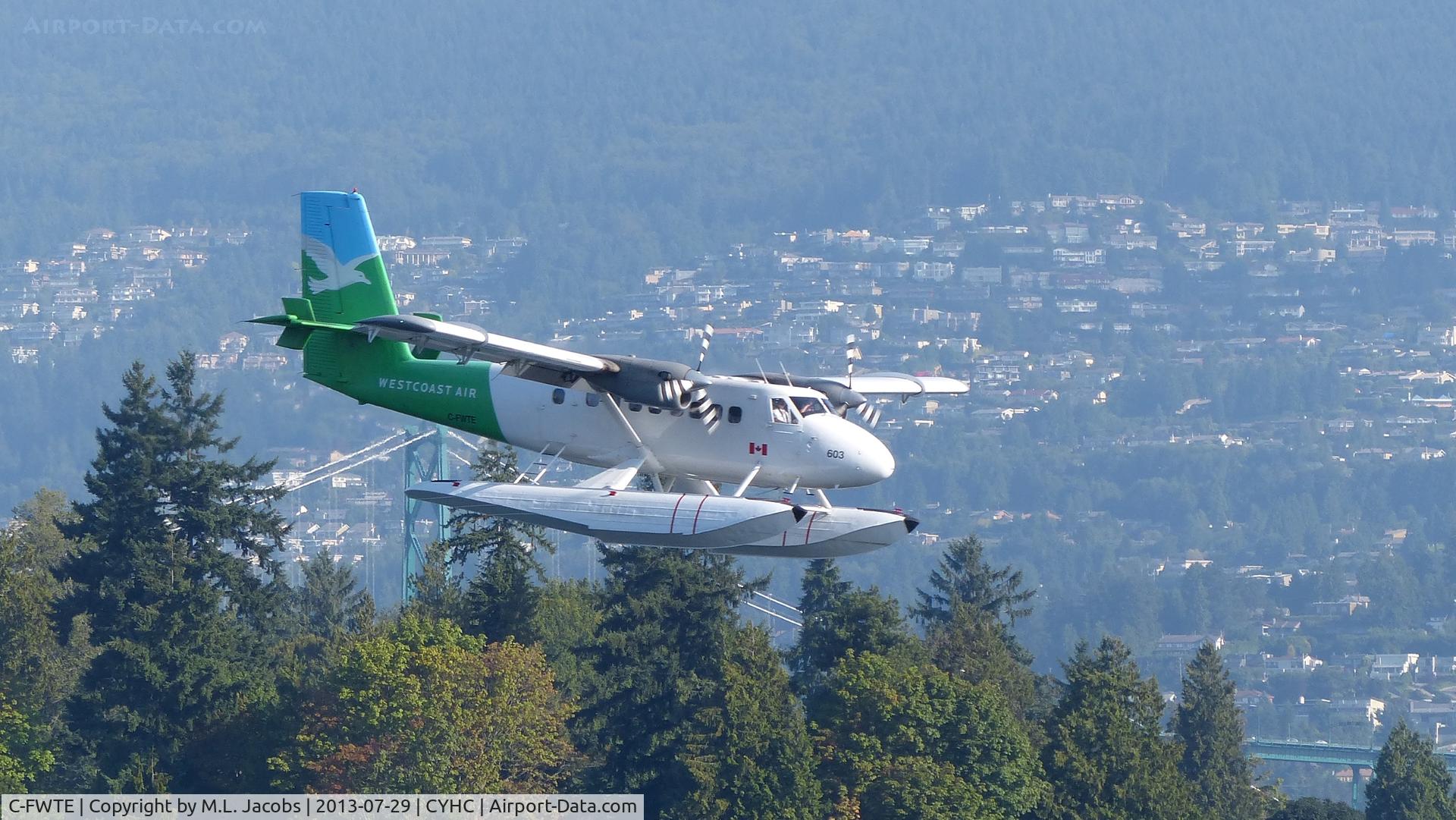 C-FWTE, 1968 De Havilland Canada DHC-6-100 Twin Otter C/N 96, Westcoast Air #603 passing over Stanley Park on approach to Coal Harbour landing.