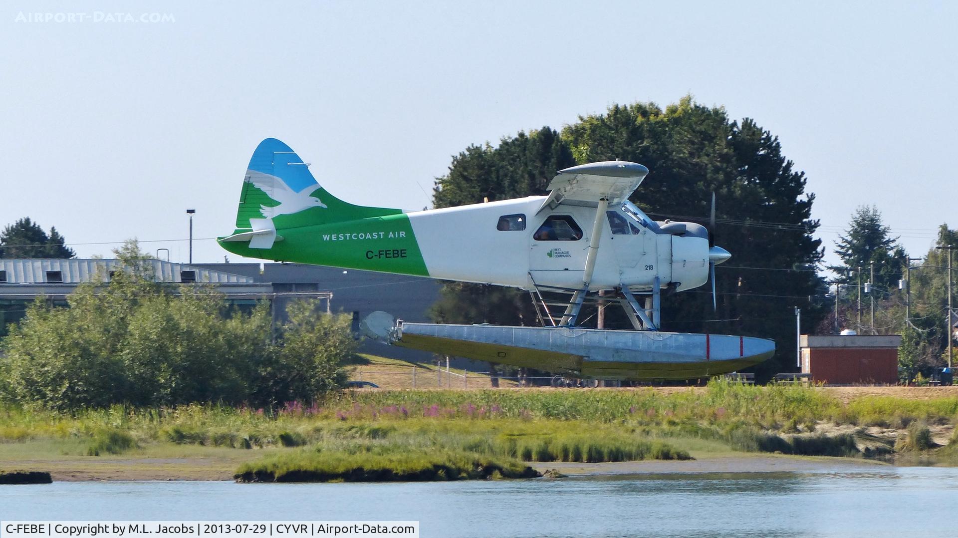 C-FEBE, 1954 De Havilland Canada DHC-2 Beaver Mk.1 C/N 792, Westcoast Air #218 about to land on the Fraser River.
