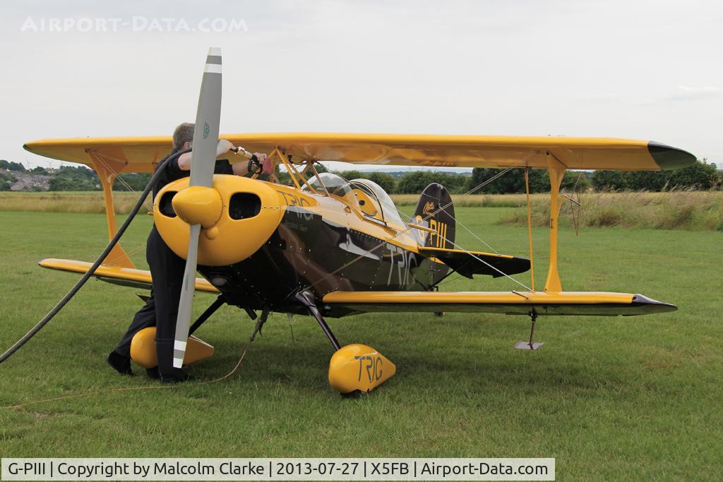 G-PIII, 1981 Pitts S-1D Special C/N PFA 009-10156, One of the two Pitts Specials of the Trig Aerobatic Team seen whilst re-fuelling during a stopover at Fishburn Airfield, July 2013.