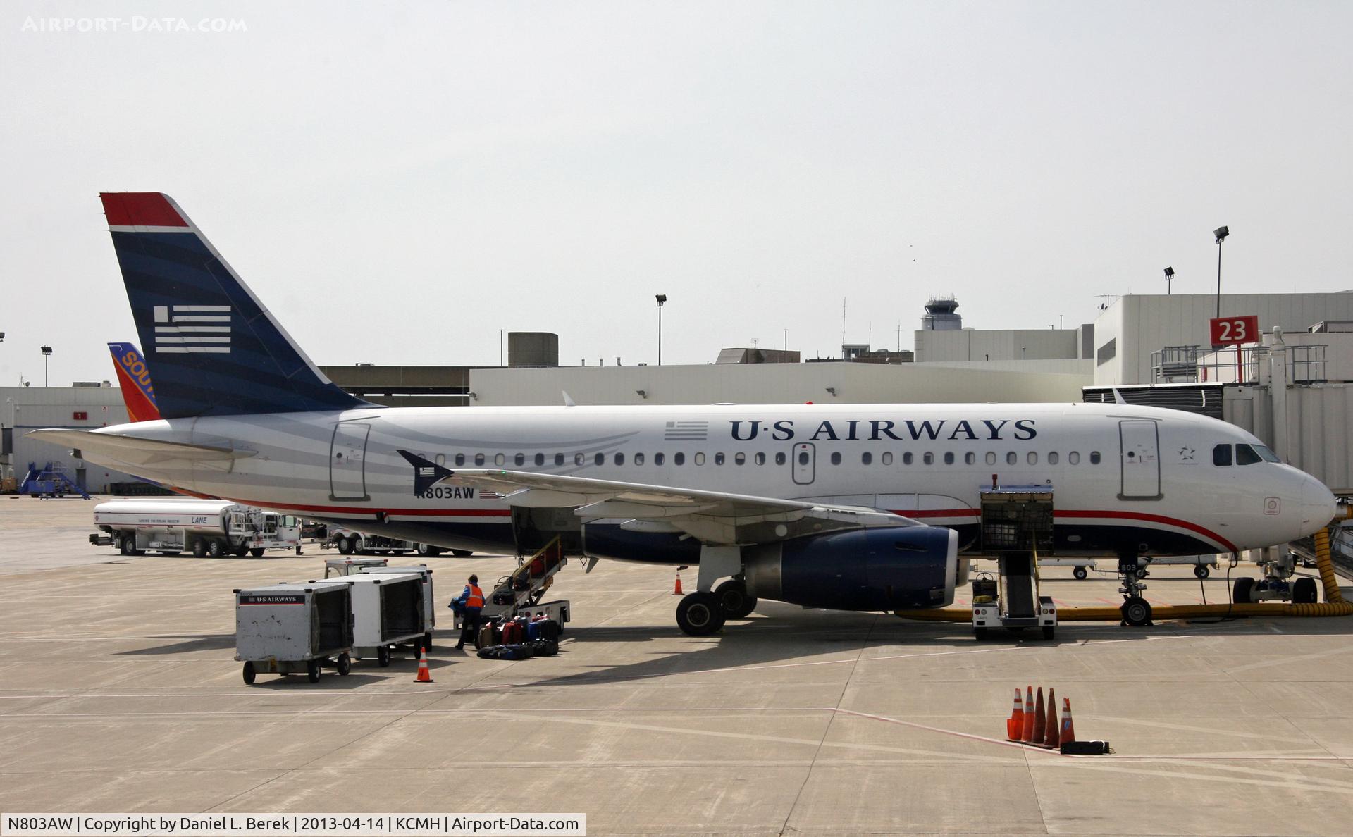 N803AW, 1998 Airbus A319-132 C/N 0931, A former America West aircraft (with IAE engines) sits at the gate at Columbus, awaiting her next load.