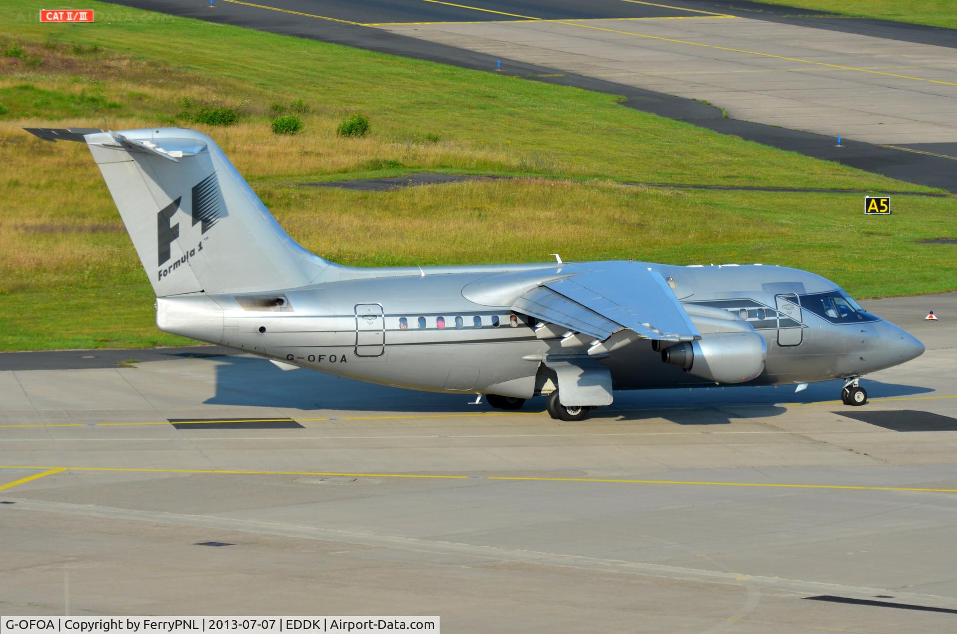 G-OFOA, 1983 British Aerospace BAe.146-100 C/N E1006, Formula I BAe146 taxying out to depart to Biggin Hill after German GP at Nurnbergring.