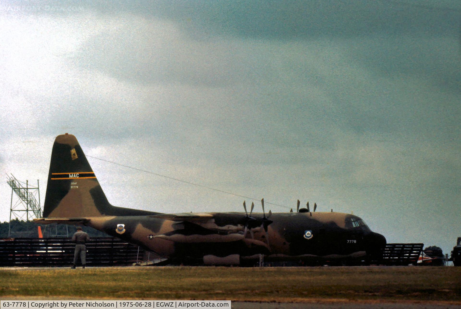 63-7778, 1963 Lockheed C-130E Hercules C/N 382-3844, C-130E Hercules of 773rd Tactical Airlift Squadron/463rd Tactical Airlift Wing at Dyess AFB supported the YF-16 demonstration at the 1975 RAF Alconbury Airshow.