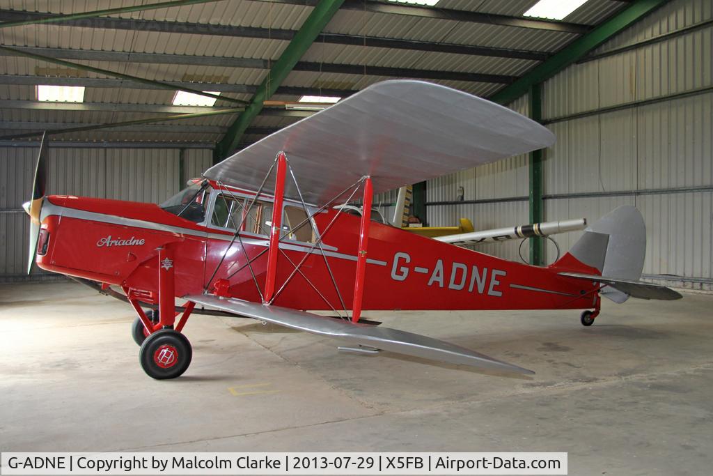 G-ADNE, 1936 De Havilland DH.87B Hornet Moth C/N 8089, De Havilland DH-87B Hornet Moth. Hangared overnight at Fishburn Airfield. July 2013.