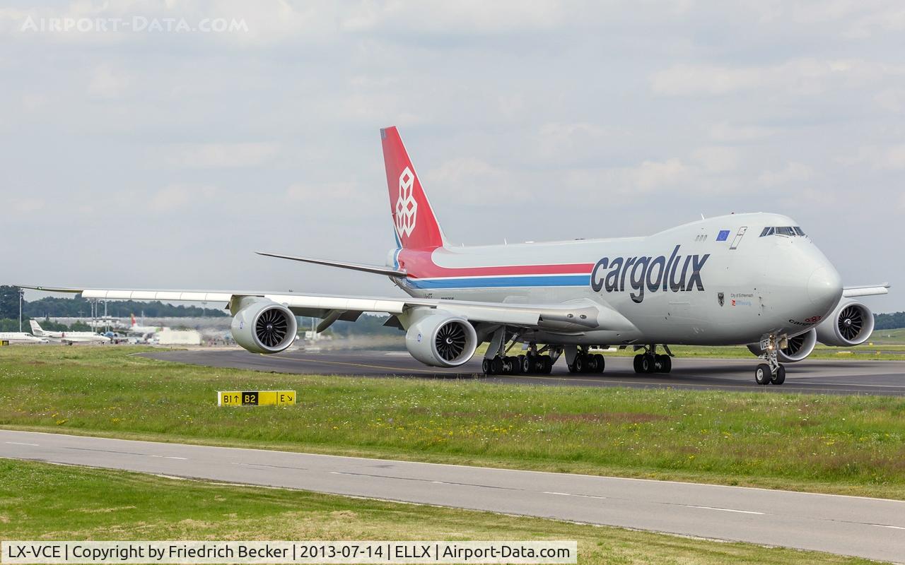 LX-VCE, 2012 Boeing 747-8R7F C/N 35810, taxying to the active