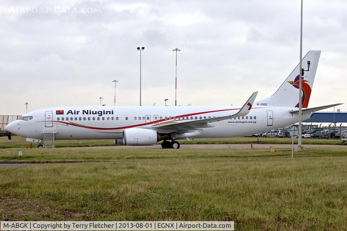 M-ABGK, 2005 Boeing 737-8BK C/N 33024, Parked at East Midlands Airport - fresh from Paintshop in Air Niugini colour scheme - due to return to Lasham - before taking up P2- registration marks