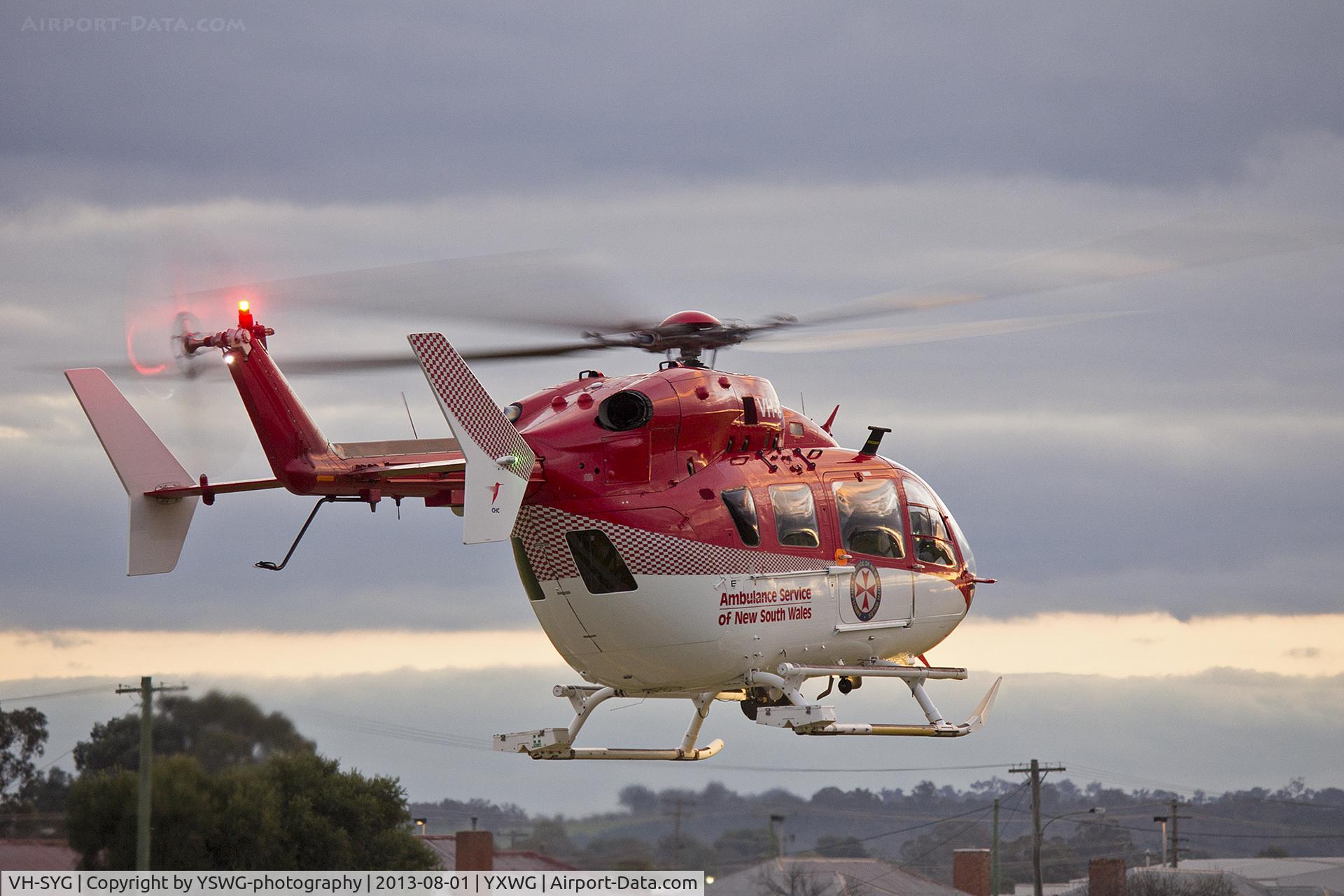 VH-SYG, 2009 Eurocopter-Kawasaki EC-145 (BK-117C-2) C/N 9235, Ambulance Service of NSW EC117 taking off from the Duke of Ken Oval Helipad.
