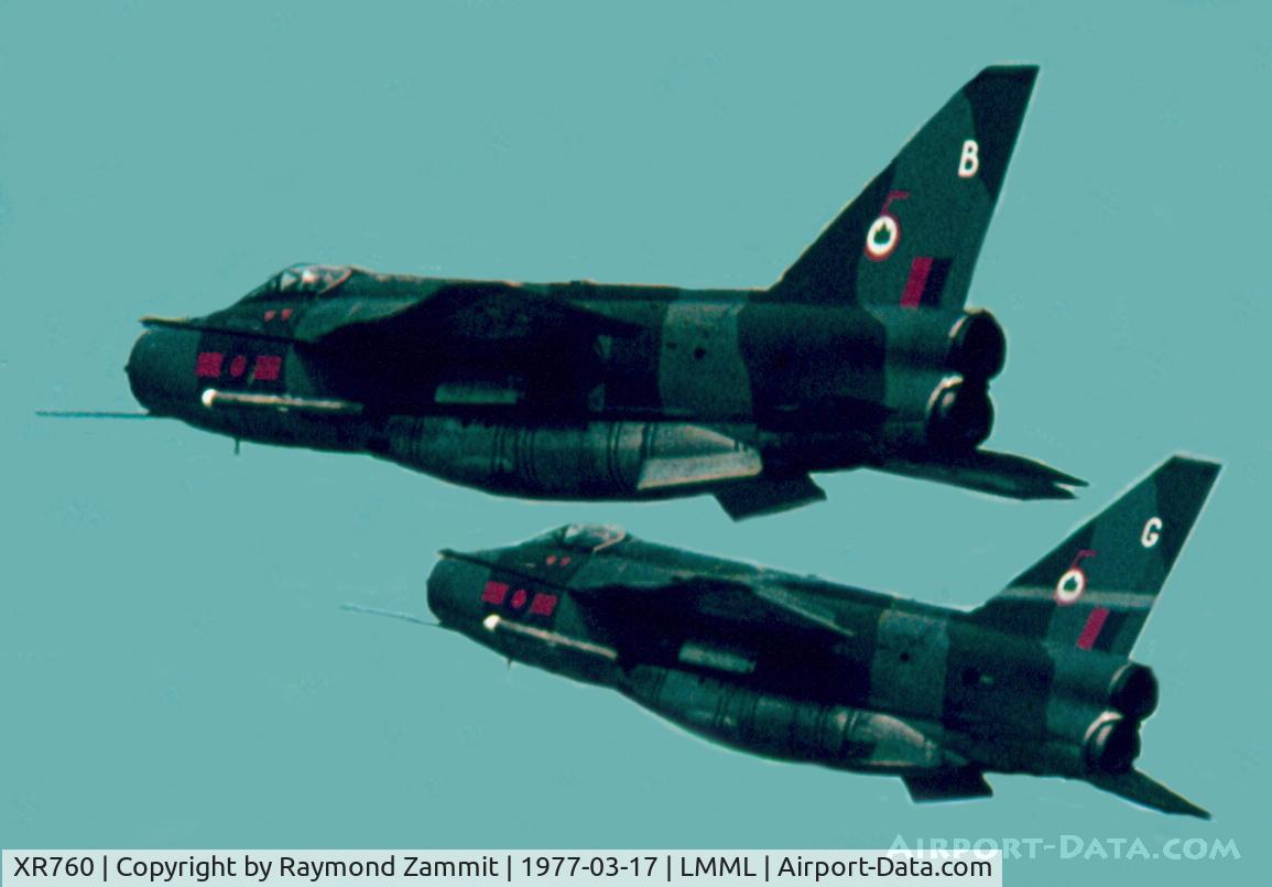XR760, 1965 English Electric Lightning F.6 C/N 95225, EE Lightning XR760/G together with XS935/B, both of No5 Squadron RAF performing a double take-off from Runway24 during an exercise in March 1977.