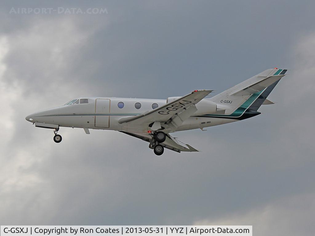 C-GSXJ, 1977 Dassault Falcon 10 C/N 100, This 1977 Falcon 10 is landing on Runway 23 at Toronto Int'l Airport. It is based in Iqaluin, Nunavut which is in the far north of Canada