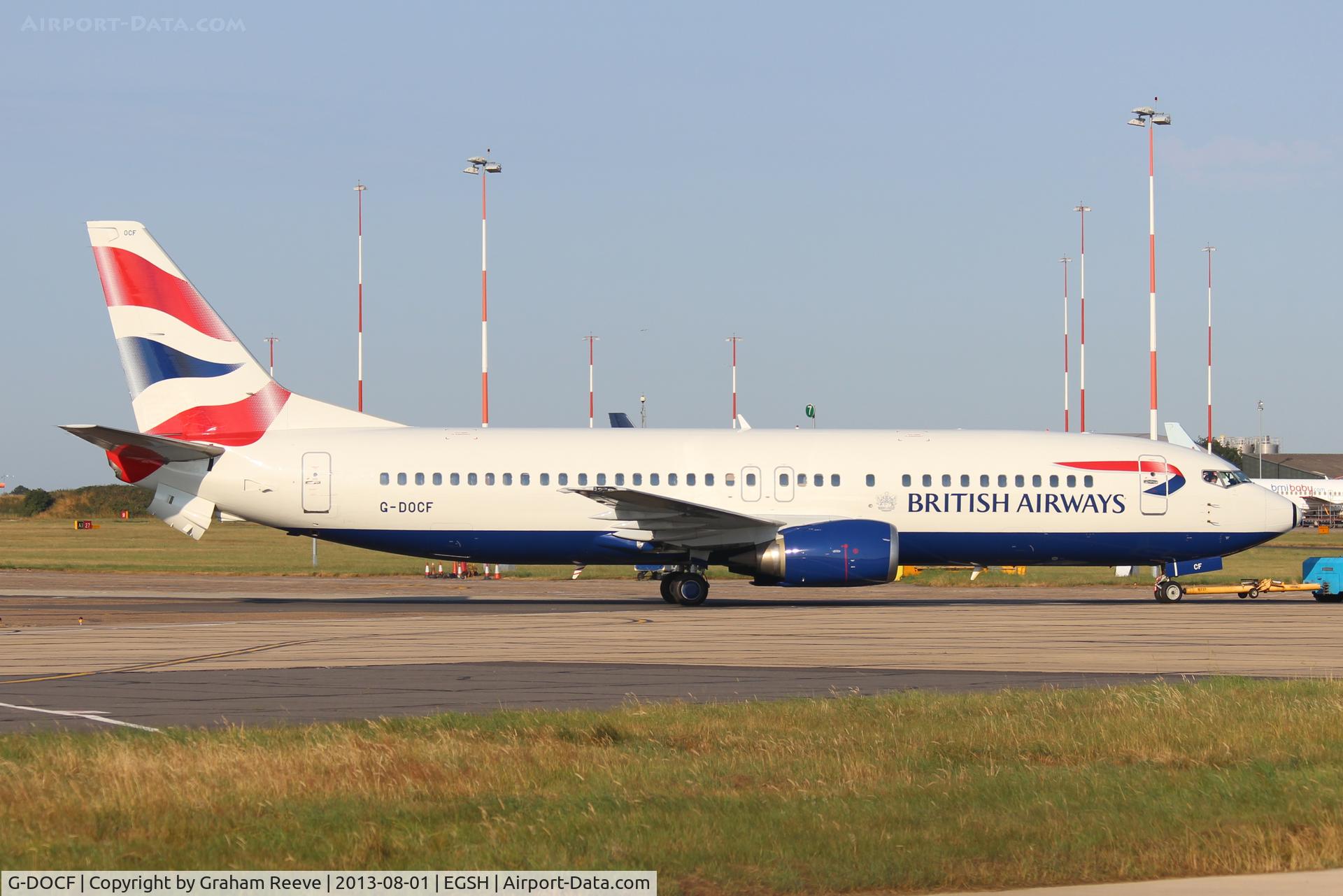 G-DOCF, 1991 Boeing 737-436 C/N 25407, Under tow at Norwich.