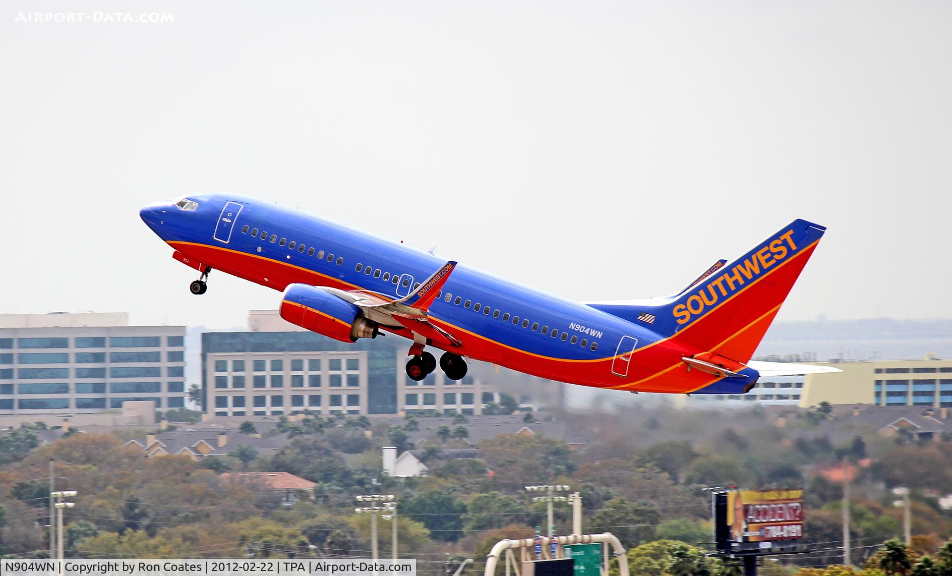 N904WN, 2008 Boeing 737-7H4 C/N 36616, This 2008 Boeing 737 lifts off runway 19R at Tampa Int'l Airport