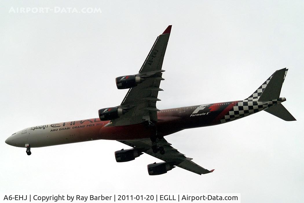 A6-EHJ, 2008 Airbus A340-642X C/N 933, Airbus A340-642X [933] (Etihad Airways) Home~G 20/01/2011 On approach 27R.