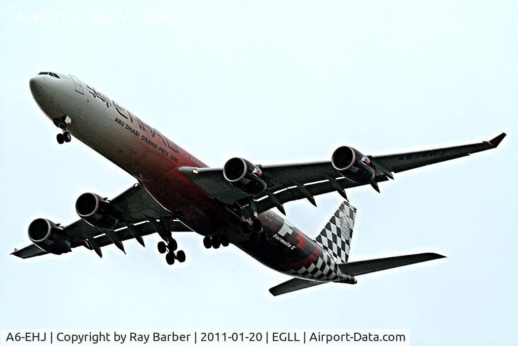 A6-EHJ, 2008 Airbus A340-642X C/N 933, Airbus A340-642X [933] (Etihad Airways) Home~G 20/01/2011 On approach 27R.