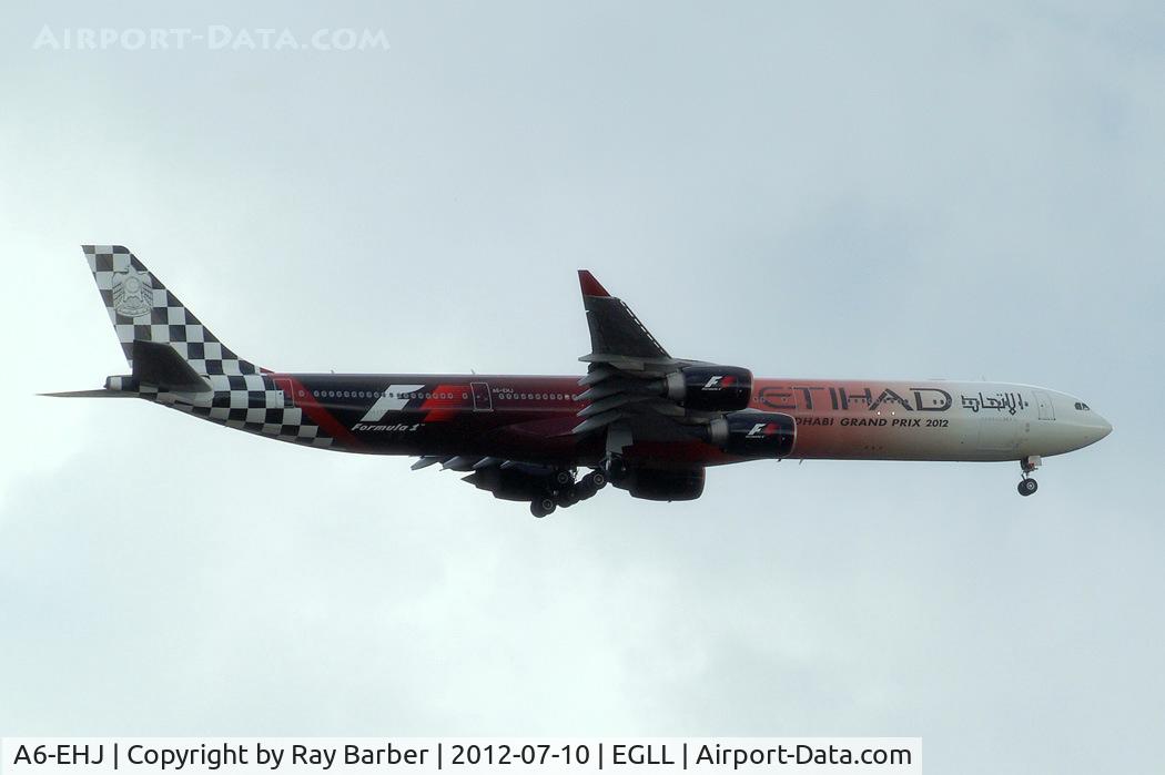 A6-EHJ, 2008 Airbus A340-642X C/N 933, Airbus A340-642X [933] (Etihad Airways) Home~G 10/07/2012. On approach 27L wearing 2012 Grand Prix titles.