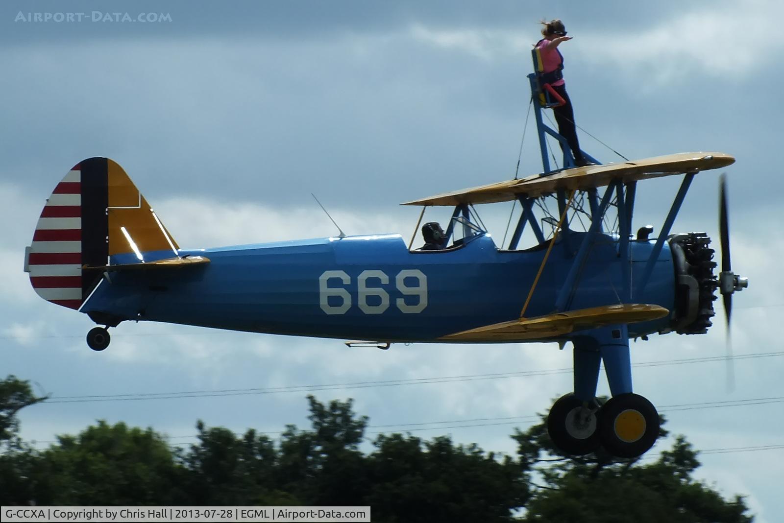 G-CCXA, 1942 Boeing A75N1 C/N 75-3616, wing walking at Daymn's Hall Farm, Upminster, Essex