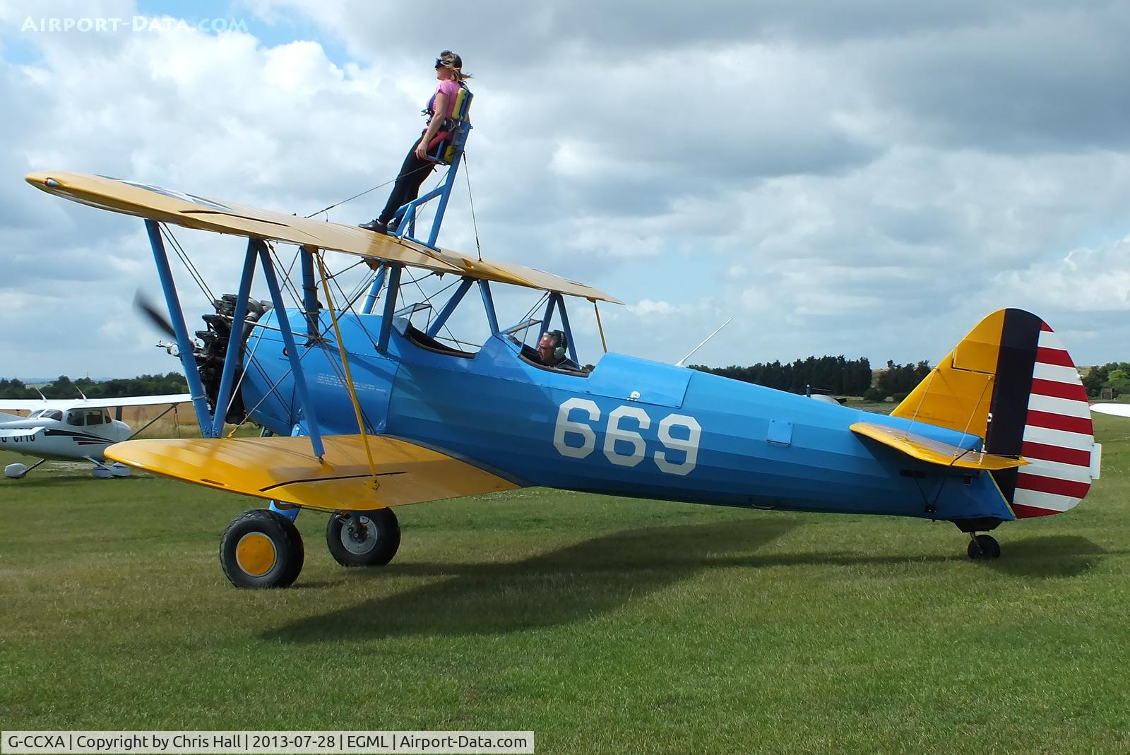 G-CCXA, 1942 Boeing A75N1 C/N 75-3616, wing walking at Daymn's Hall Farm, Upminster, Essex