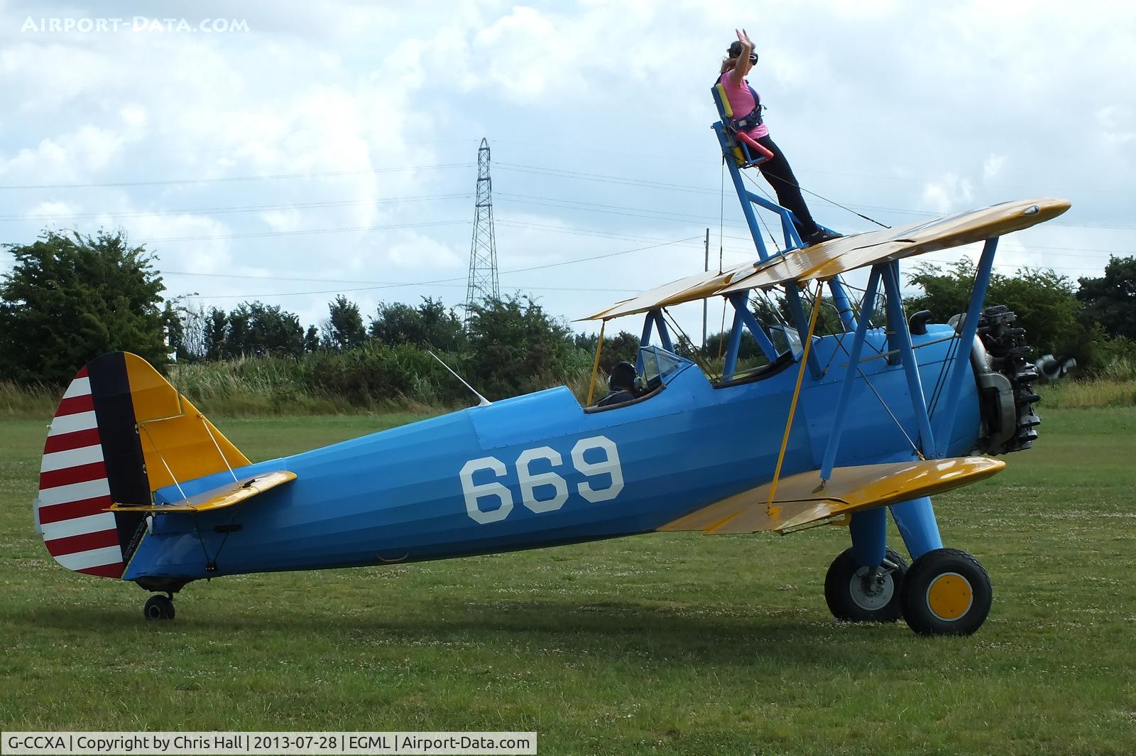 G-CCXA, 1942 Boeing A75N1 C/N 75-3616, wing walking at Daymn's Hall Farm, Upminster, Essex