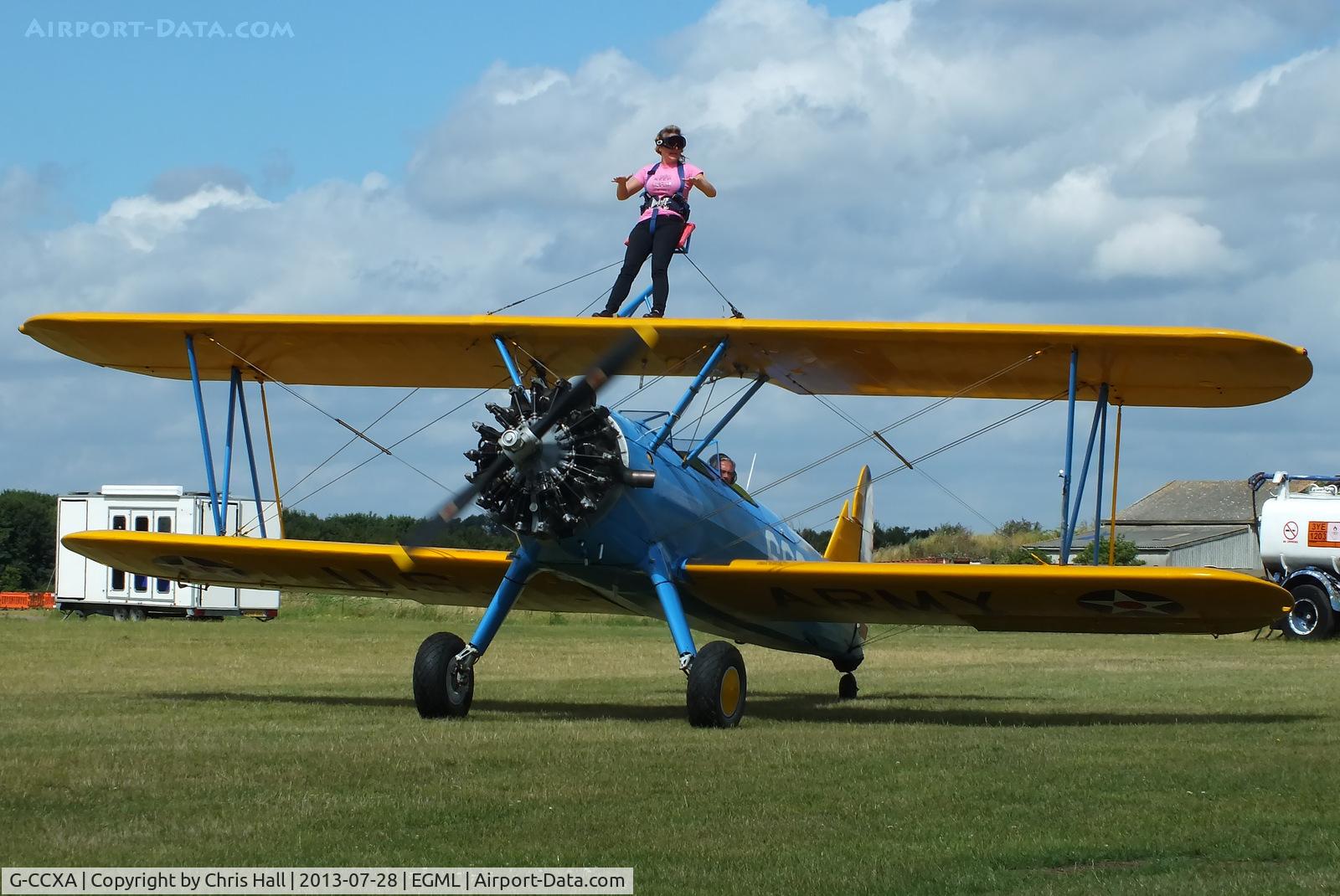 G-CCXA, 1942 Boeing A75N1 C/N 75-3616, wing walking at Daymn's Hall Farm, Upminster, Essex