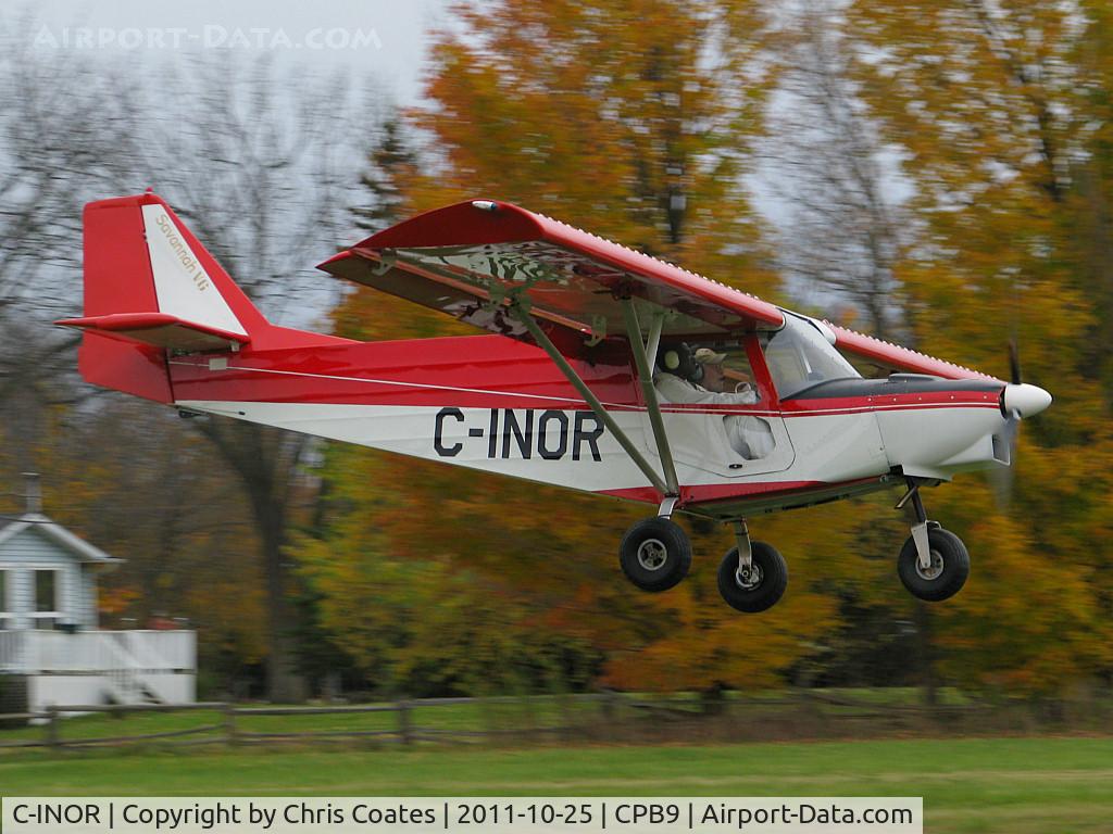 C-INOR, 2010 ICP MXP-740 Savannah VG C/N 06-11-51-553, The two pilots in this cool little homebuilt were swooping in over grass runway 01 for a landing. This Savannah is based here at Baldwin Airport near Lake Simcoe's south side.