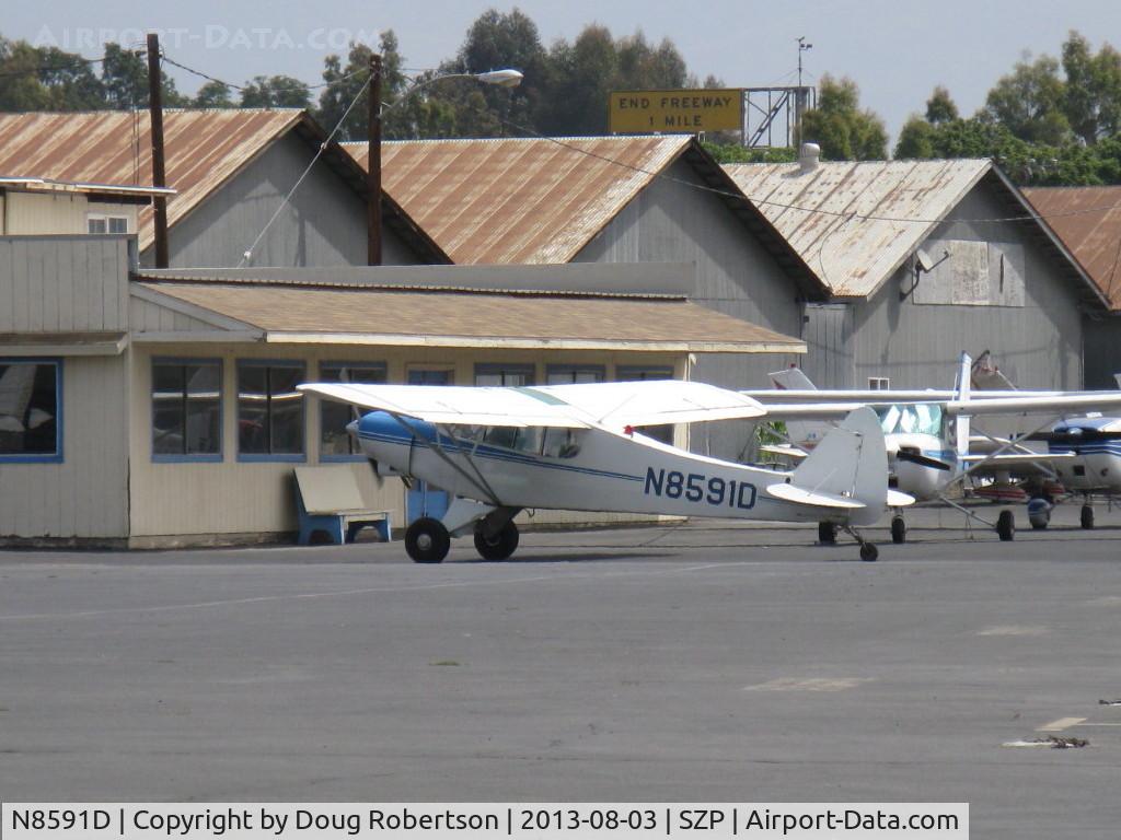 N8591D, 1958 Piper PA-18A Super Cub C/N 18-6251, 1958 Piper PA-18A SUPER CUB, Lycoming O-320 150 Hp, the -18A built as single place cropduster with hopper, this one is two-place tandem with extended wings/ailerons. Multiple Cert., taxi