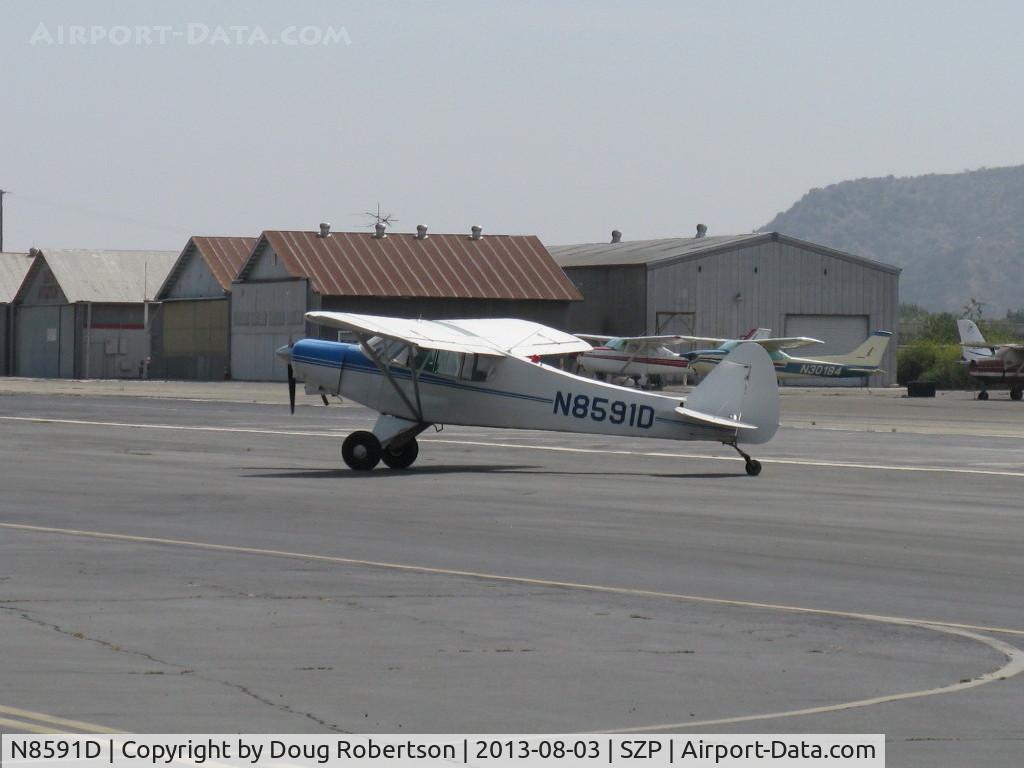 N8591D, 1958 Piper PA-18A Super Cub C/N 18-6251, 1958 Piper PA-18A SUPER CUB, Lycoming O-320 150 Hp, The -18A built as single place cropduster  with hopper, this one is two place with extended wings/ailerons. Multiple Cert. Taxi off the active.