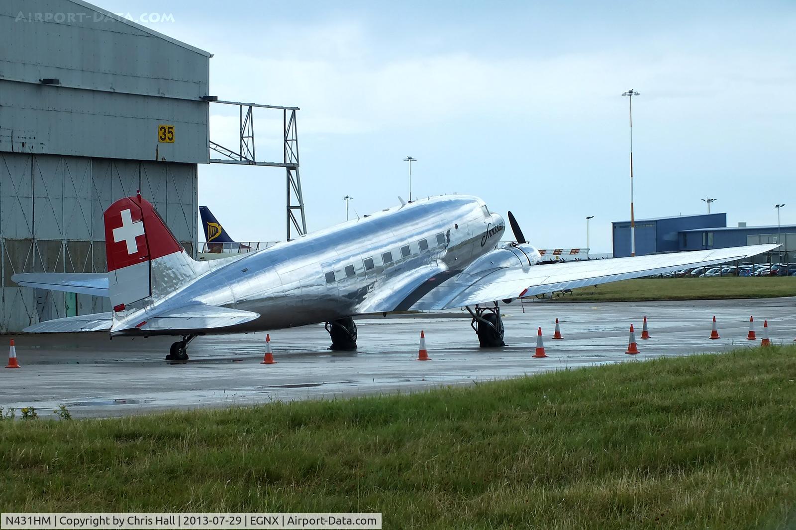 N431HM, 1943 Douglas DC-3C-S1C3G (C-47A) C/N 9995, Ex 42-24133, NC65266, NC6K, N88Y, N88YA, G-BMCR, N88YA, HB-ISC. Flew in from Newquay earlier in the day.