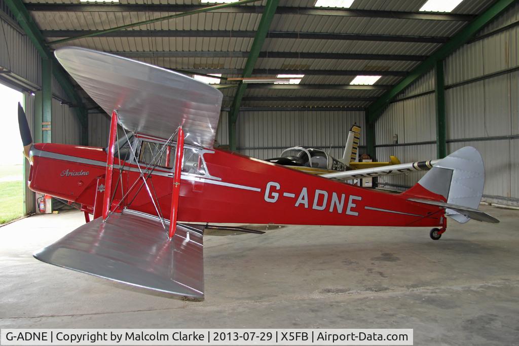 G-ADNE, 1936 De Havilland DH.87B Hornet Moth C/N 8089, De Havilland DH-87B Hornet Moth. Hangared overnight at Fishburn Airfield. July 2013.